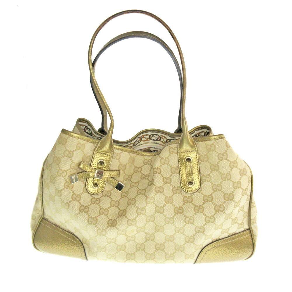 GUCCI GG Canvas Princy Metallic Leather Shoulder Bag Tote Gold Beige